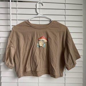 Cute Tan Crop Tee with Mushroom Frog Graphic